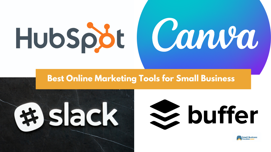 The image shows some of the best online marketing tools like canva, hubspot, slack and buffer